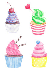 Set of watercolor cupcakes isolated on white background.