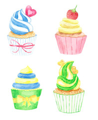 Set of watercolor cupcakes isolated on white background.
