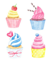 Set of watercolor cupcakes isolated on white background.