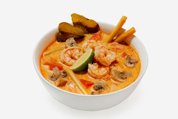 Soup tom yam with shrimp white background