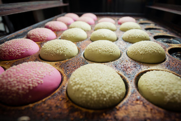 Multicolored buns for burgers on a baking tray