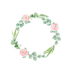 wreath of roses and green leaves for wedding invitations
