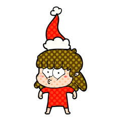 comic book style illustration of a whistling girl wearing santa hat