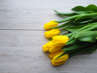 Yellow tulips on wooden background copy space