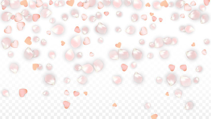 Vector Realistic Petals and Hearts Confetti. Flying Sakura and Hearts on Transparent Background. Wedding Invitation Background. Spring Romance Poster. Vector Illustration for Anniversary Design.