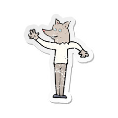 retro distressed sticker of a cartoon waving wolf man