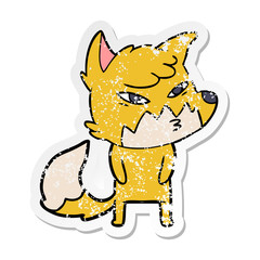 distressed sticker of a clever cartoon fox