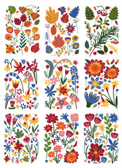 Collection of Floral Patterns Set, Bright Colorful Summer Plants Vector Illustration