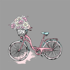 Vintage bicycle with basket with flowers of rose, wild rose and peonies. Vector illustration for greeting card or poster. Print Vintage and retro, hand drawing. 
