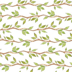Seamless pattern with watercolor branches and leaves. Horizontal stripes
