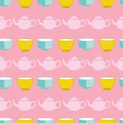 set of colorful cups and teapot