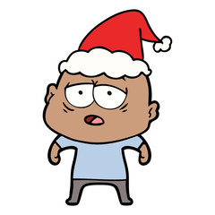 line drawing of a tired bald man wearing santa hat