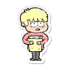 distressed sticker of a cartoon exhausted boy holding book
