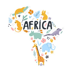 Hand drawn map of Africa with charactes