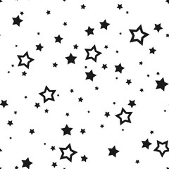 Vector seamless pattern with black stars on a white background. - obrazy, fototapety, plakaty