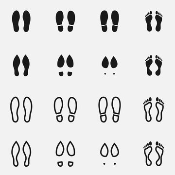 Set of footprints and footsteps black and white vector icon.