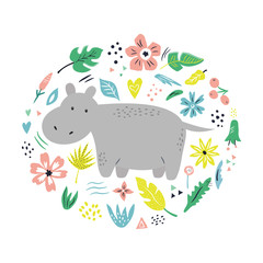 Cute hand drawn hippo character with decoration