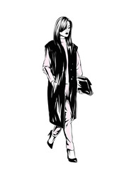 Beautiful, tall and slender girl in a stylish coat. Stylish woman. Fashion & Style. Vector illustration.