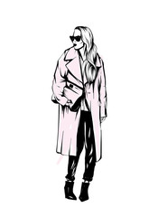 Beautiful, tall and slender girl in a stylish coat. Stylish woman. Fashion & Style. Vector illustration.