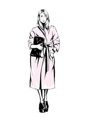 Beautiful, tall and slender girl in a stylish coat. Stylish woman. Fashion & Style. Vector illustration.