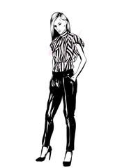 Beautiful girl in pants and blouse. Vector illustration for a postcard or a poster, print for clothes. Fashion & Style. Female. 
