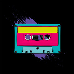 Bright colored poster in a Zine Culture style. Vintage audio cassette. New wave hits– lettering quote. T-shirt composition, hand drawn style print. 