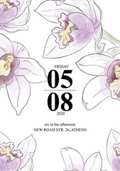 Beautiful orchids invittion card. Vector watercolor flowers with text greeting card. Beauty bouquet garden flowers. Spring Blossom illustration.
