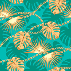 Fototapeta na wymiar Seamless pattern with gold chain with palm leaves golden pendant. Trendy vektor illustration.