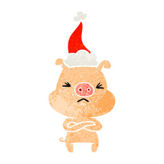 retro cartoon of a angry pig wearing santa hat