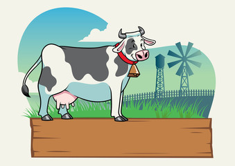 cow in the farm with blank wooden board