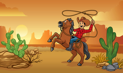 cowboy riding horse in desert