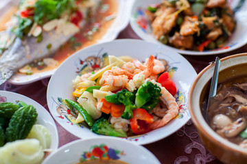 Close up chinese shrimp fried with vegetable in chinese food set, set of foods in wedding ceremony