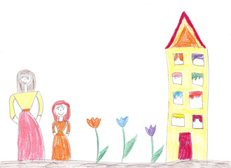 Child's drawing of a happy family on a walk outdoors