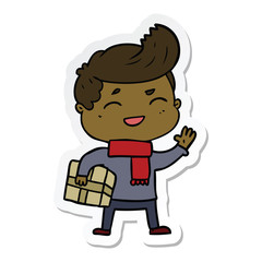 sticker of a cartoon man laughing carrying parcel