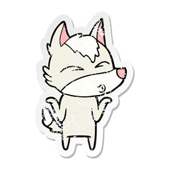 distressed sticker of a cartoon wolf shrugging shoulders