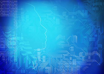 Fototapeta premium head outline with circuit board and number binary digit on blue background, Artificial intelligence or ai concept