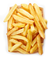 French fries in white take away box top view isolated on white background