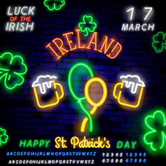 Neon balloons Icons for St. Patrick's Day and Fluorescent Green Alphabet on Brick Wall. Vector Illustration. Beer Irish Festival. balloons and beer mugs in neon style