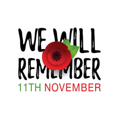 Remembrance Day Poppy banner, card. Lest We Forget quote. 11th November date.