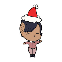 line drawing of a squinting girl wearing santa hat