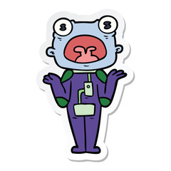 sticker of a cartoon weird alien shrugging shoulders