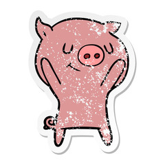 distressed sticker of a happy cartoon pig