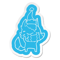 cartoon  sticker of a crying wolf wearing santa hat