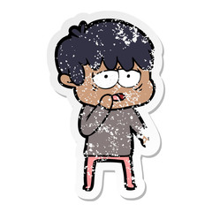 distressed sticker of a cartoon exhausted boy