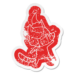 cartoon distressed sticker of a crying wolf wearing santa hat