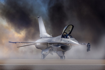 Fighter jet in front of fire