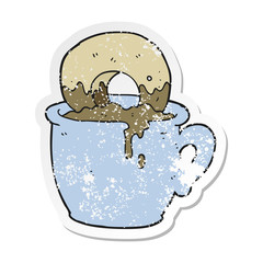 retro distressed sticker of a cartoon donut dunked in coffee