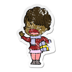 distressed sticker of a cartoon woman talking
