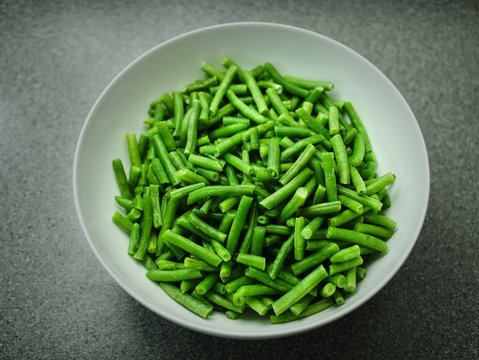 Green Beans In A White Bowl Top View.