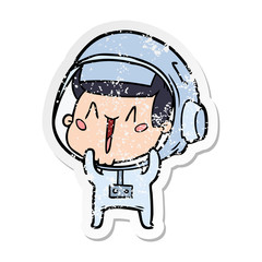 distressed sticker of a happy cartoon astronaut